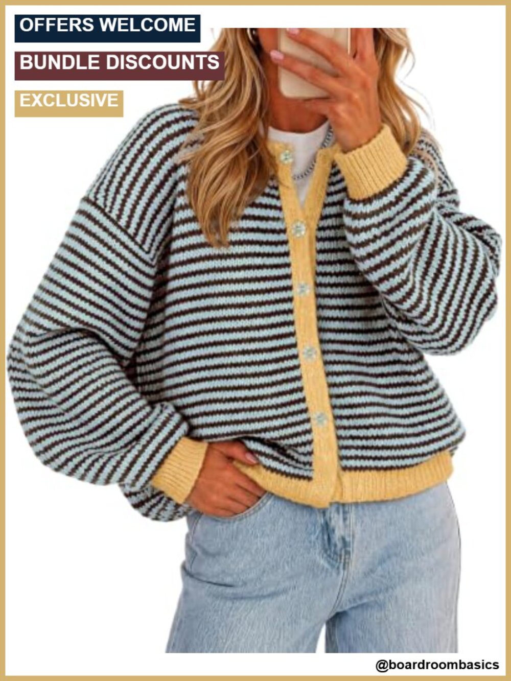 Women's Striped Button Up Cardigan Sweater Long Sleeve Knit Oversize